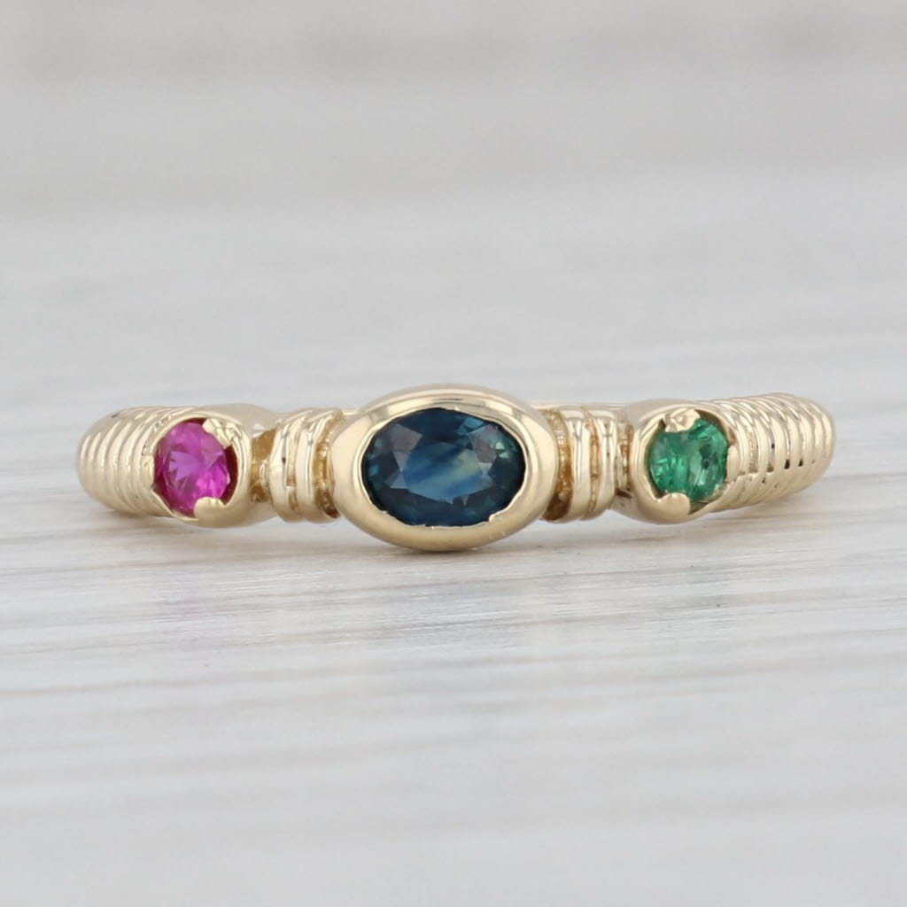 Light Gray Sapphire Lab Created Ruby Green Stone Ring 14k Yellow Gold Sz 6 Stackable AS IS