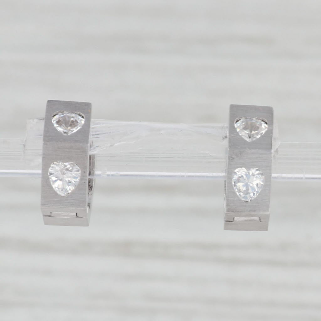 Light Gray Cubic Zirconia Beveled Hoop Huggie Earrings 14k White Gold Hinged Snap Top Hoops