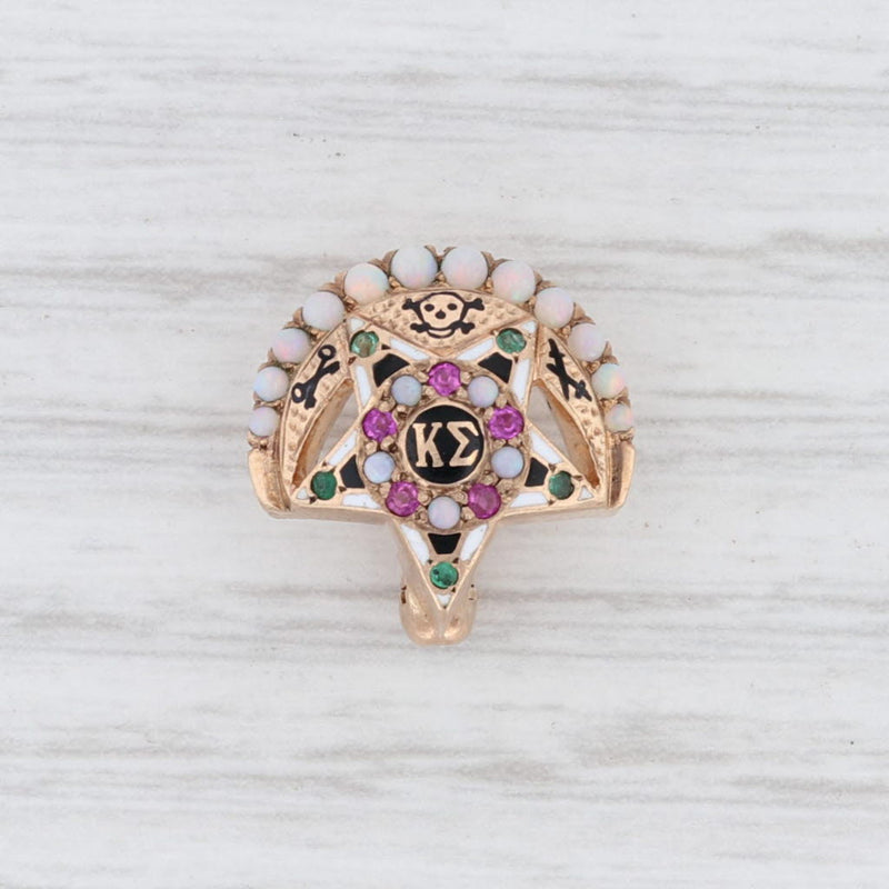Light Gray Kappa Sigma Fraternity Badge 10k Gold Pearl Ruby Opal Emerald Greek Crescent Pin