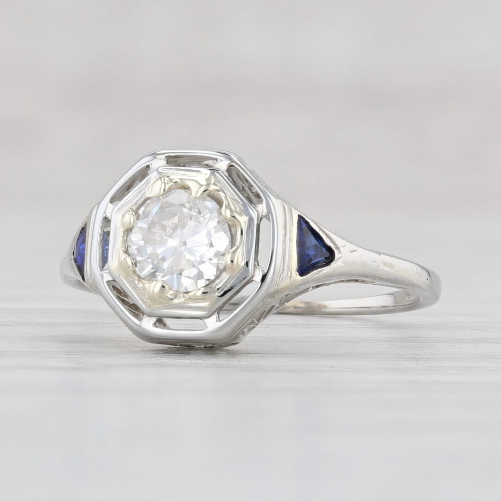 Light Gray Art Deco 0.41ctw Diamond Synthetic Sapphire Ring 18k White Gold Engagement