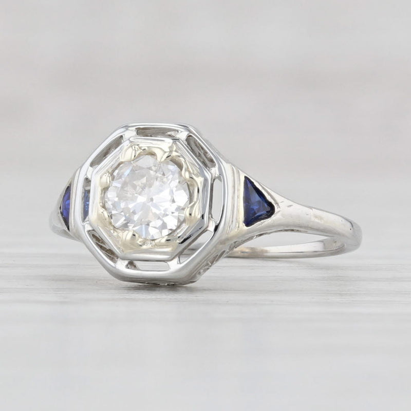 Light Gray Art Deco 0.41ctw Diamond Synthetic Sapphire Ring 18k White Gold Engagement