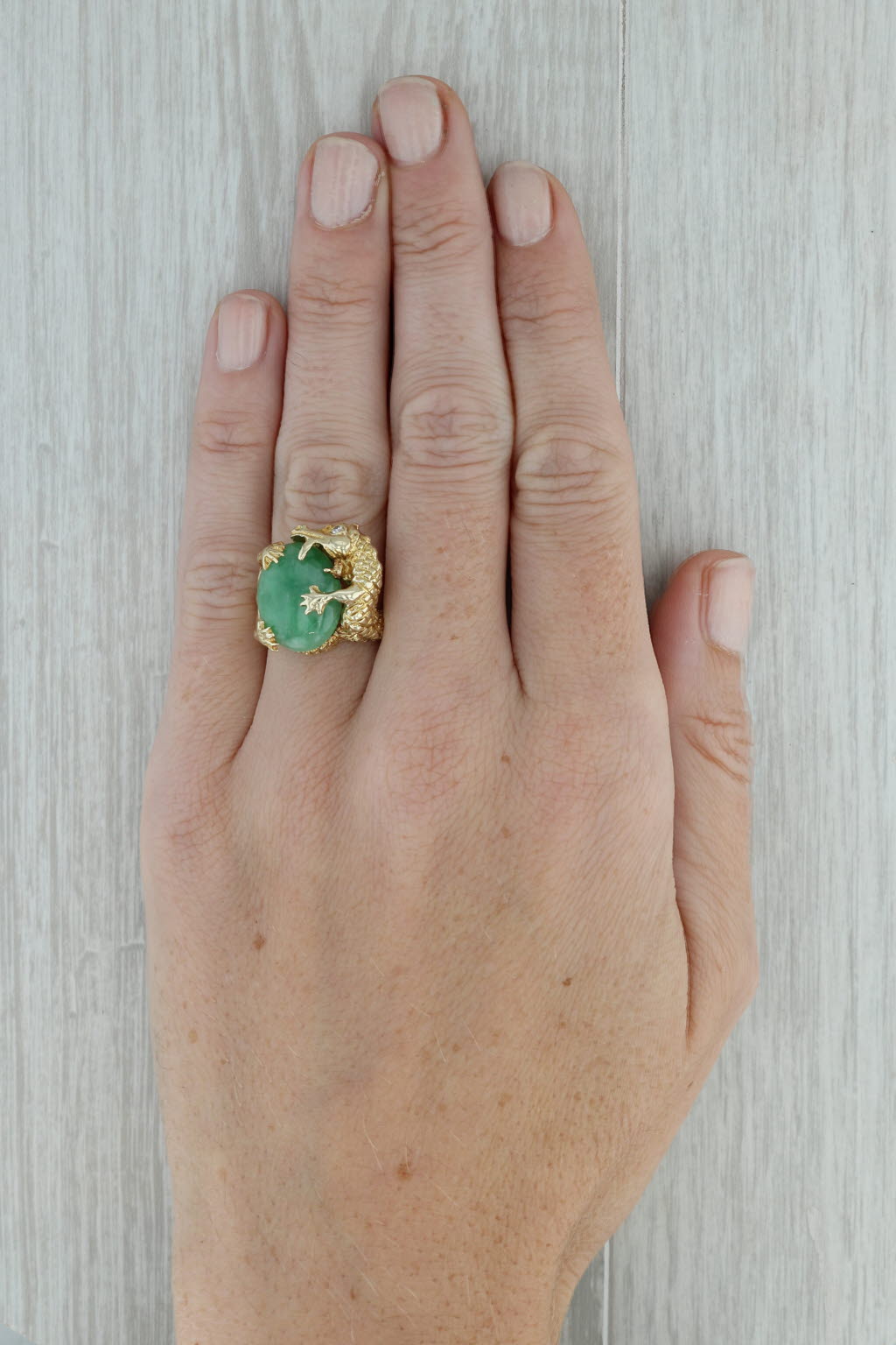 Dark Gray Green Jadeite Jade Diamond Dragon Ring 14k Yellow Gold Size 6.5