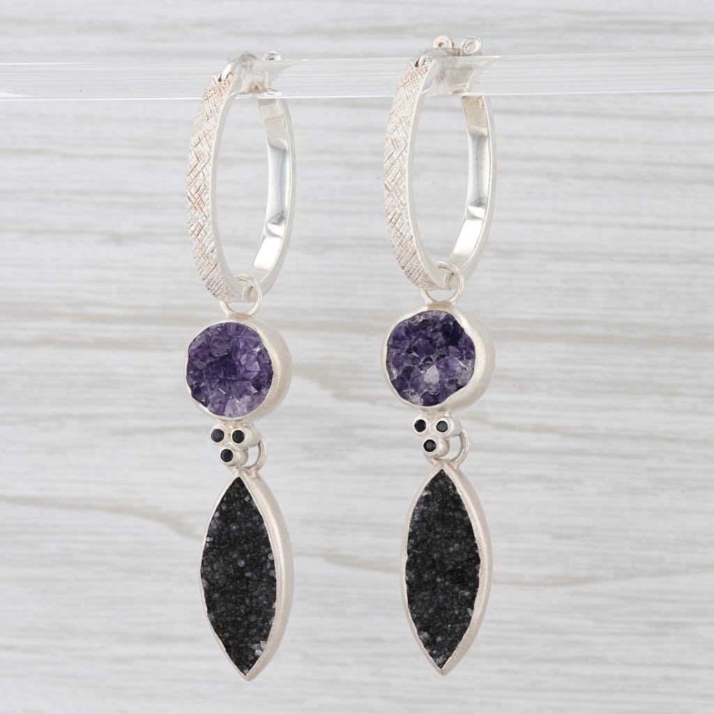 Light Gray New Nina Nguyen Hoop Earrings Sterling Silver Amethyst Black Druzy Spinel Charms