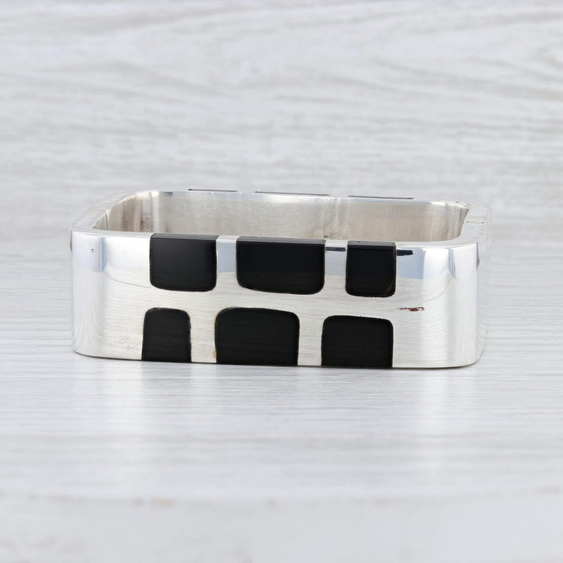 Black Obsidian Volcanic Glass Mosaic Bangle Bracelet Sterling Silver 7.5” Taxco