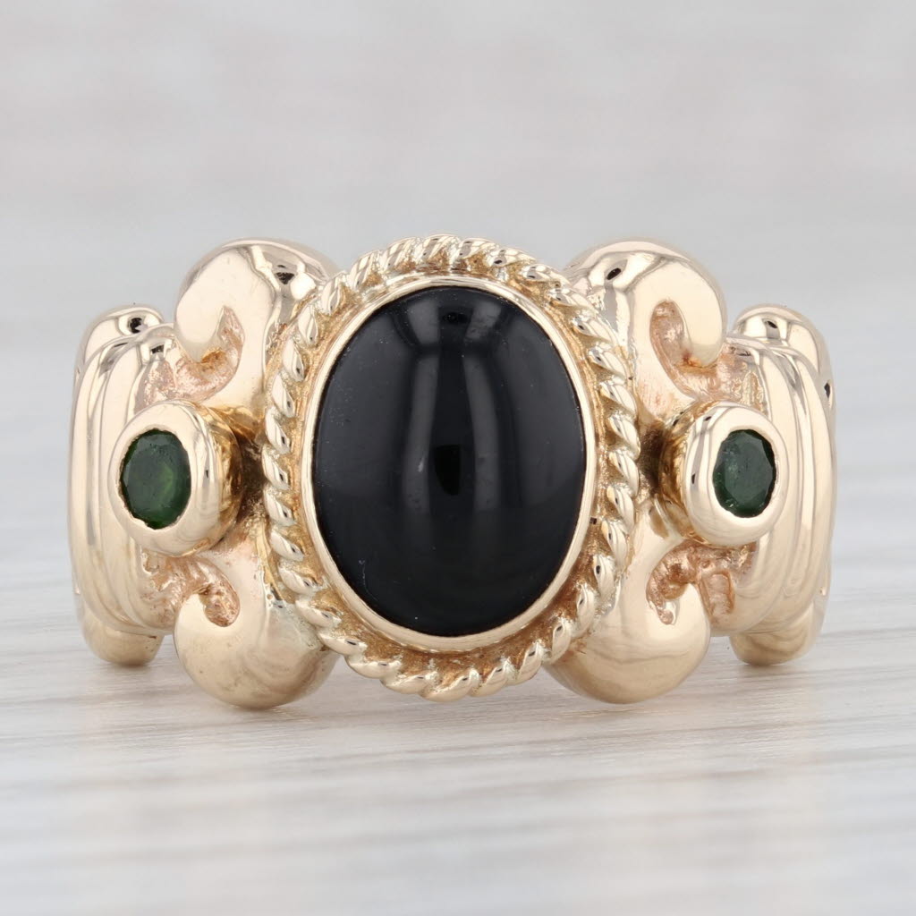 Light Gray Oval Cabochon Onyx Green Chrome Diopside Ring 14k Yellow Gold Size 6.5