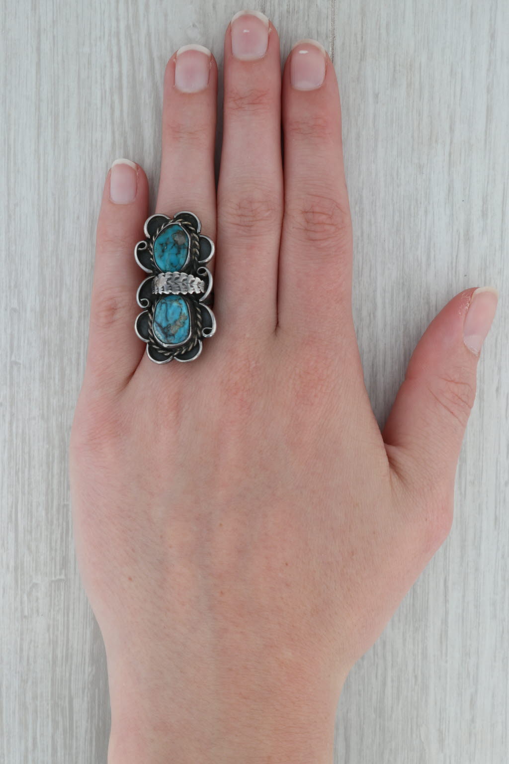 Dark Gray Vintage Native American Turquoise Ring Sterling Silver Navajo Jewelry Size 7.5