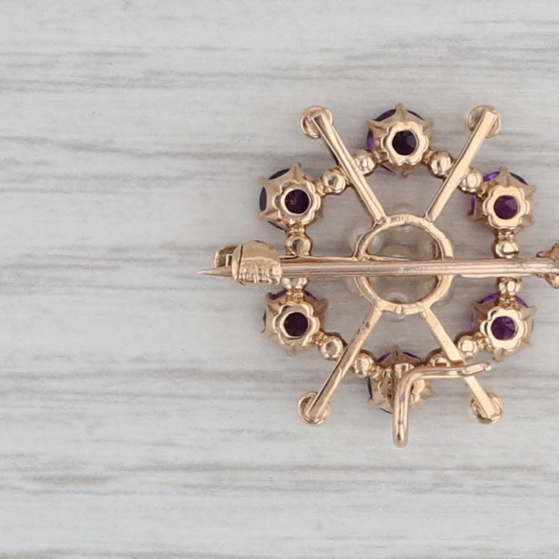 Vintage 1.20ctw Amethyst Pearl Brooch w/ Box 14k Yellow Gold Gemstone Pin