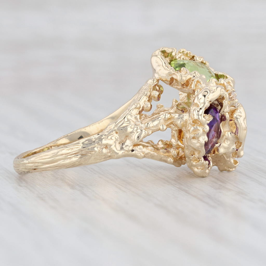 Light Gray 3-Stone Peridot Amethyst Citrine Diamond Ring 14k Gold Size 7 Gemstone Cocktail