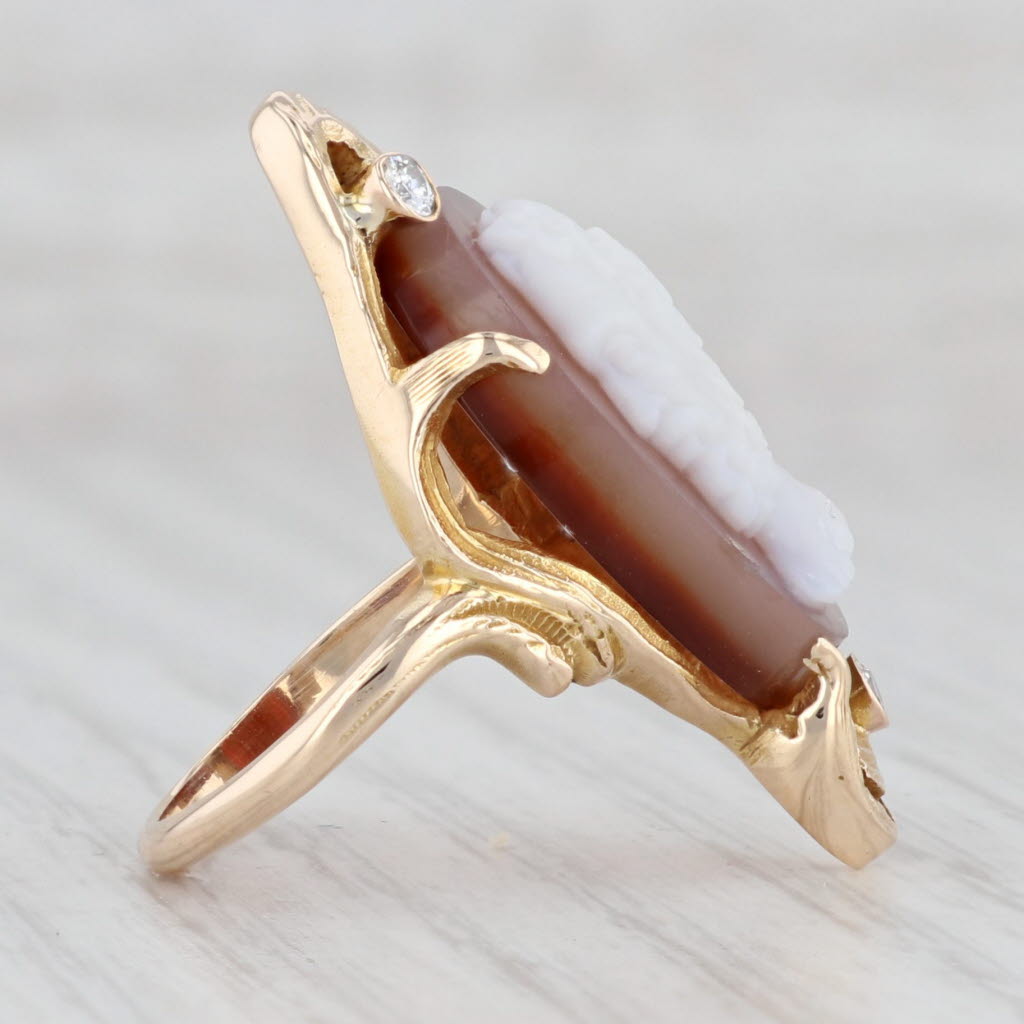 Light Gray Antique Sardonyx Cameo Diamond Ring 10k Yellow Gold Size 5 Male Figural