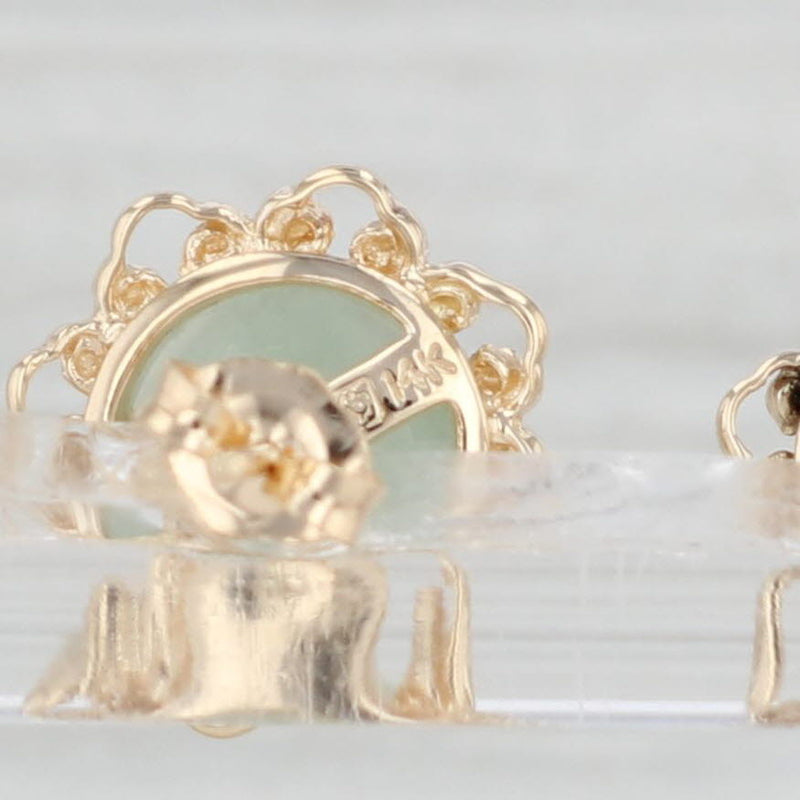 Green Jadeite Jade Flower Stud Earrings 14k Gold Round Cabochon Solitaires