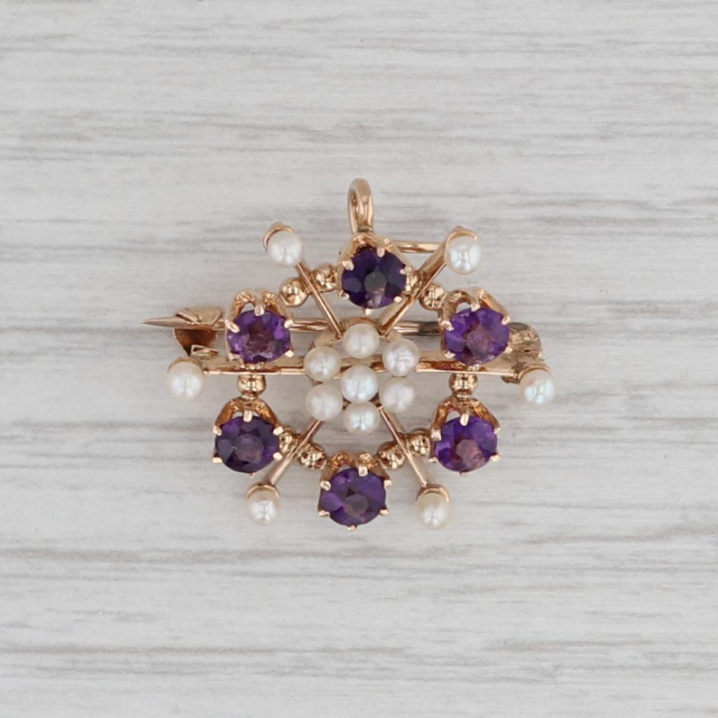 Gray Vintage 1.20ctw Amethyst Pearl Brooch w/ Box 14k Yellow Gold Gemstone Pin