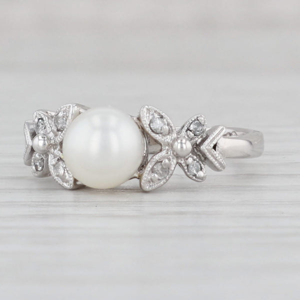 Light Gray Cultured Pearl Diamond Flower Ring 14k White Gold Size 5.5