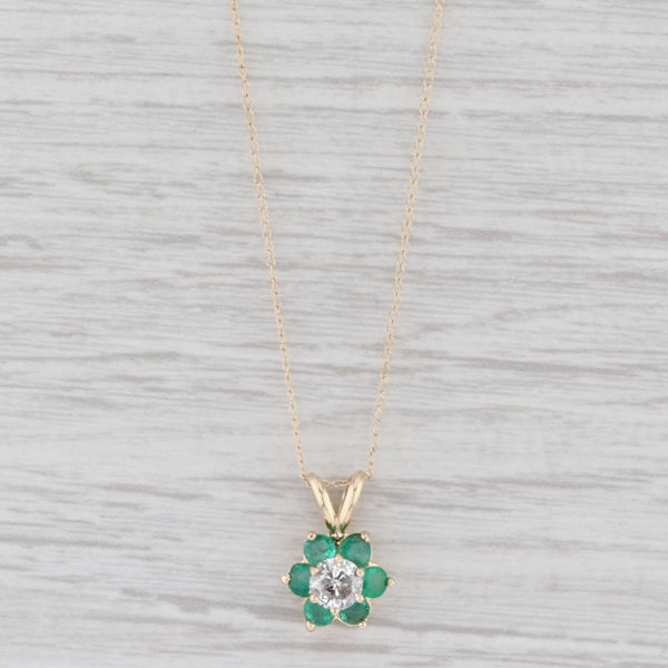 Light Gray 1.06ctw Emerald Diamond Flower Pendant Necklace 14k Yellow Gold 16" Curb Chain