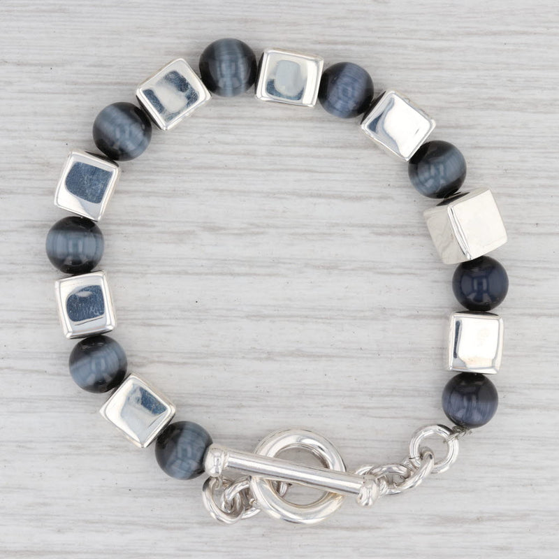 Light Gray New Cat's Eye Blue Glass Bead Statement Bracelet Sterling Silver 7” Toggle Clasp