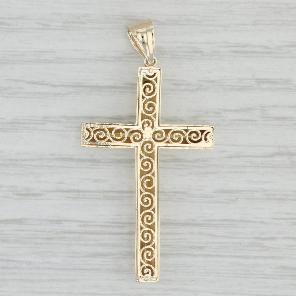 Light Gray Reversible Cross Pendant 10k Yellow Gold Religious Jewelry Beveled Scrollwork