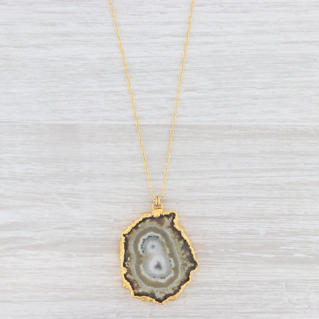 Light Gray New Nina Wynn Necklace Agate Geode Crinkle Chain Sterling Gold Vermeil 24-26”