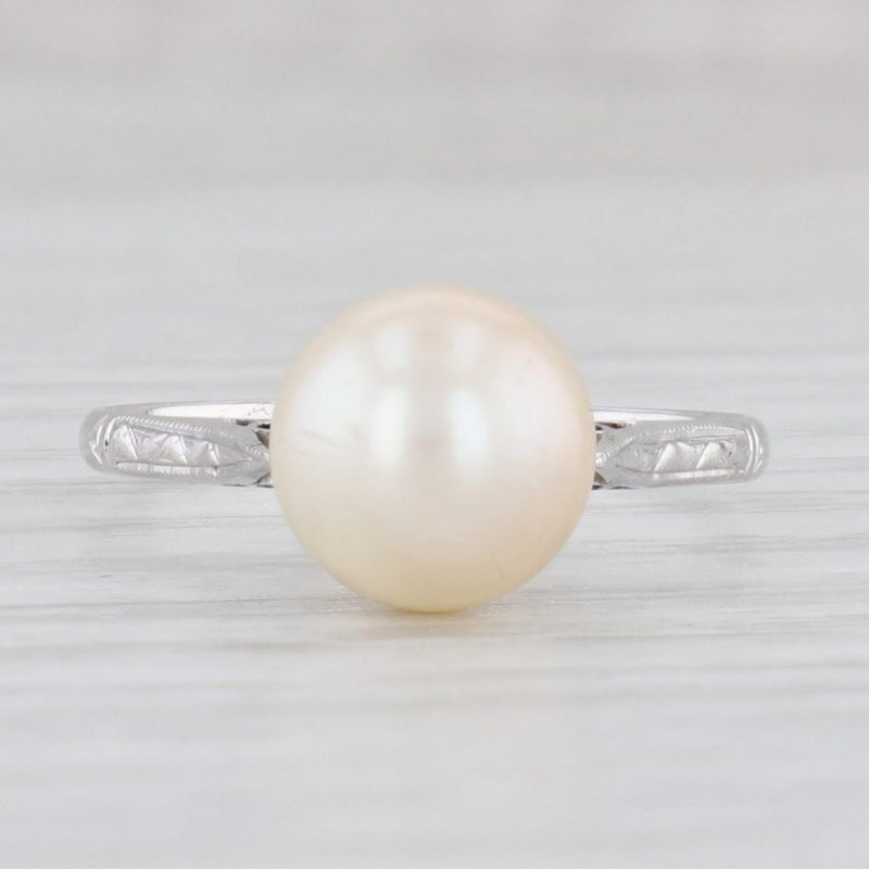 Vintage Cultured Pearl Solitaire Ring 10k White Gold Size 7.75 Cathedral Band
