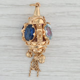 Vintage Etruscan Fob Charm Lab Created Spinel Ruby Sapphire 18k Gold Ornate