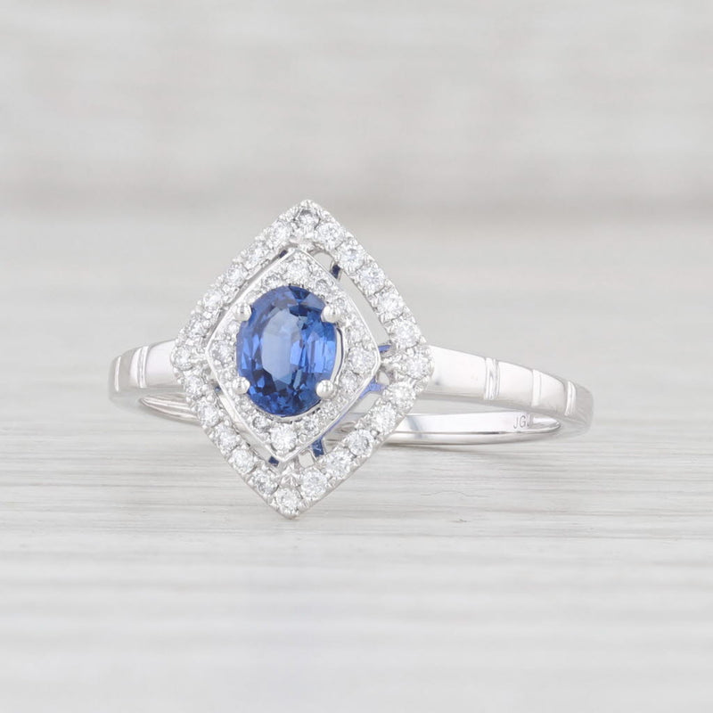 New 0.65ctw Blue Sapphire Diamond Halo Ring 14k White Gold Size 6.75 Engagement