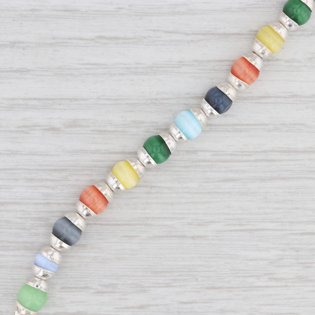 Light Gray New Multi-Color Glass Bead Bracelet Engravable Charm 7.75" Sterling Silver