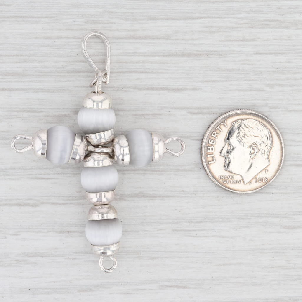 Light Gray New Gray Glass Bead Cross Pendant Sterling Silver Statement