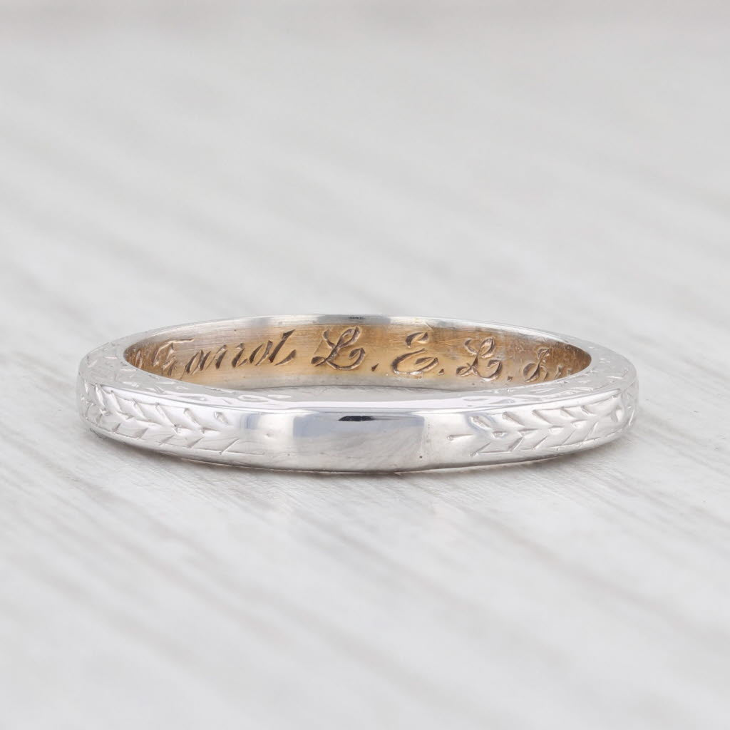 Light Gray Anitque Caldwell Band 18k White Gold Wheat Etched Wedding Ring Size 6.5 Engraved