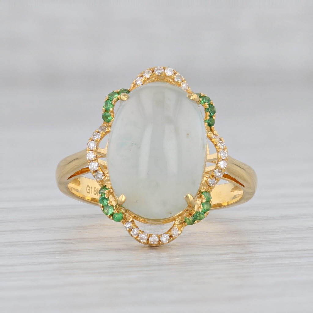 Gray Jadeite Jade Diamond Tsavorite Garnet Halo Ring 18k Yellow Gold Size 6.25