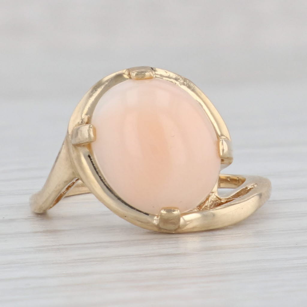 Light Gray Angle Skin Coral Oval Cabochon Bypass Ring 14k Yellow Gold Size 6