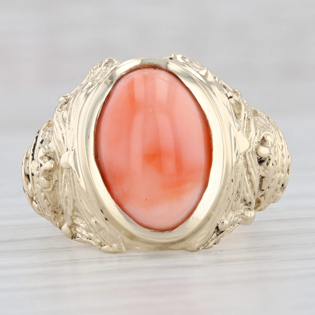 Light Gray Coral Oval Cabochon Solitaire Ring 14k Yellow Gold Size 9.25