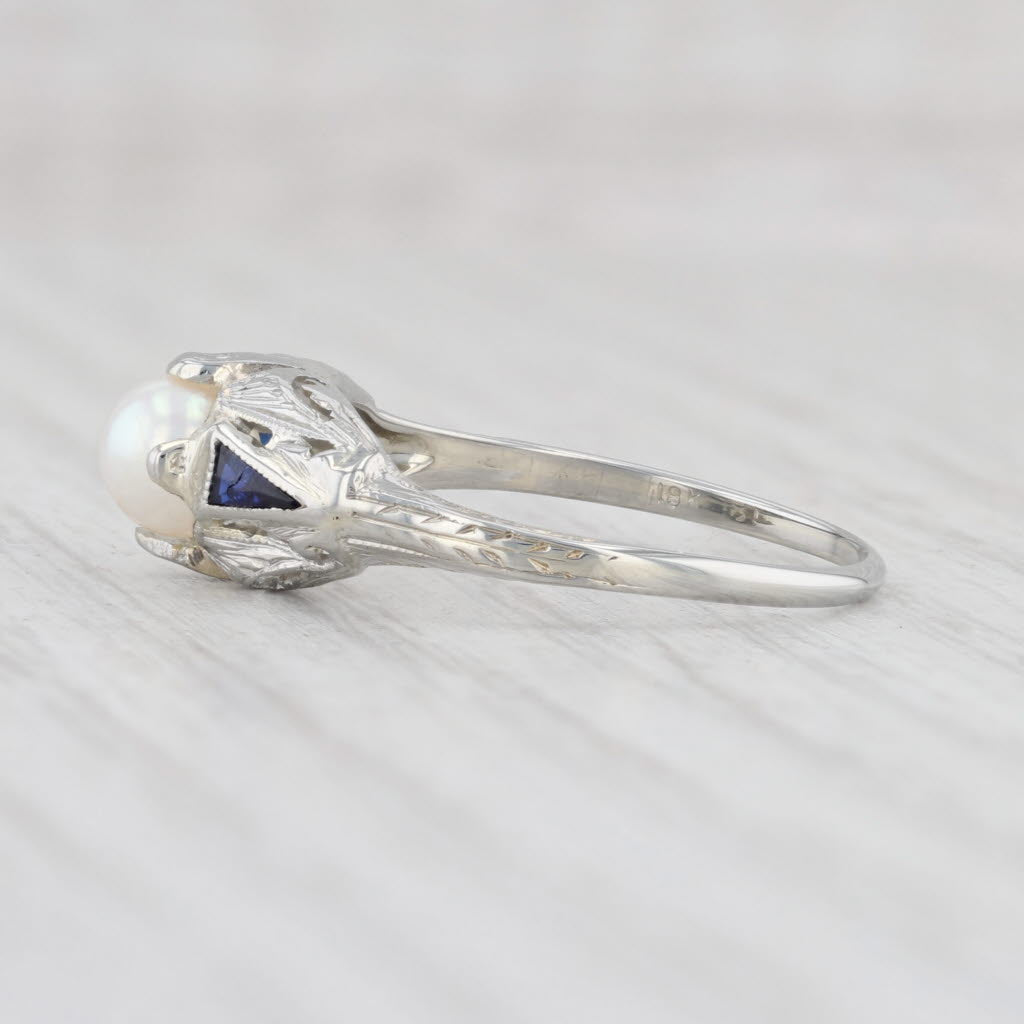 Light Gray Art Deco Cultured Pearl Lab Created Sapphire Ring 18k White Gold Size 7.75