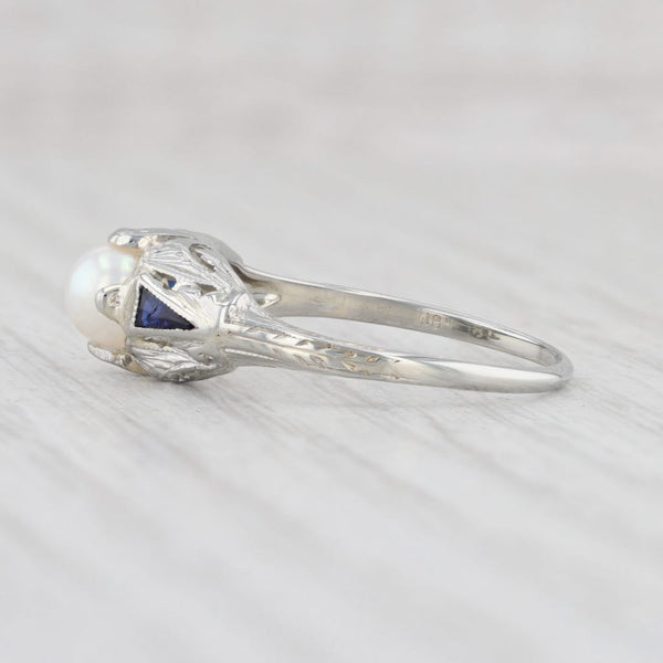 Light Gray Art Deco Cultured Pearl Lab Created Sapphire Ring 18k White Gold Size 7.75