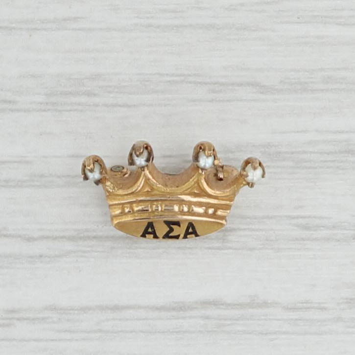 Light Gray Vintage Alpha Sigma Alpha Crown Pin 10k Gold Pearls Sorority Badge