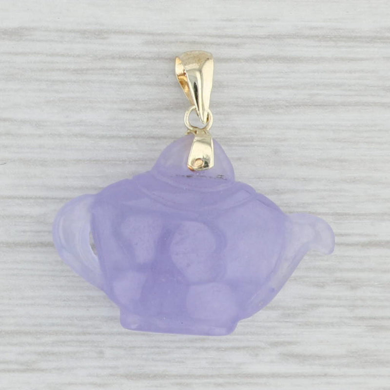 Light Gray Lavender Jadeite Jade Carved Tea Pot Pendant 14k Yellow Gold