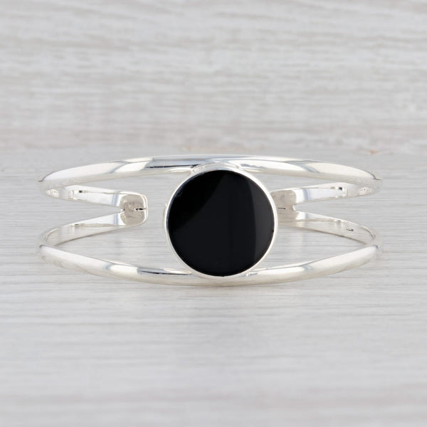 Light Gray New Round Black Glass Cuff Bracelet Sterling Silver 6.5" Mexico 925 Statement
