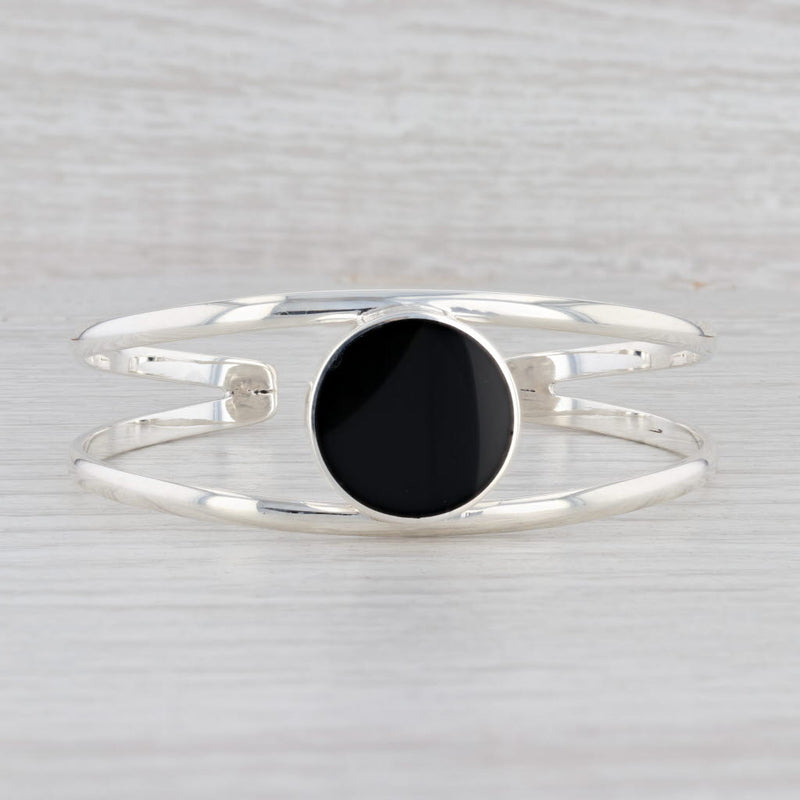 New Round Black Glass Cuff Bracelet Sterling Silver 6.5" Mexico 925 Statement