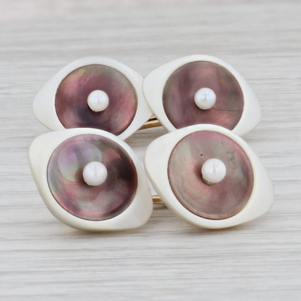 Light Gray Vintage Cultured Pearl Mother of Pearl Abalone Shell Cufflinks 14k Gold