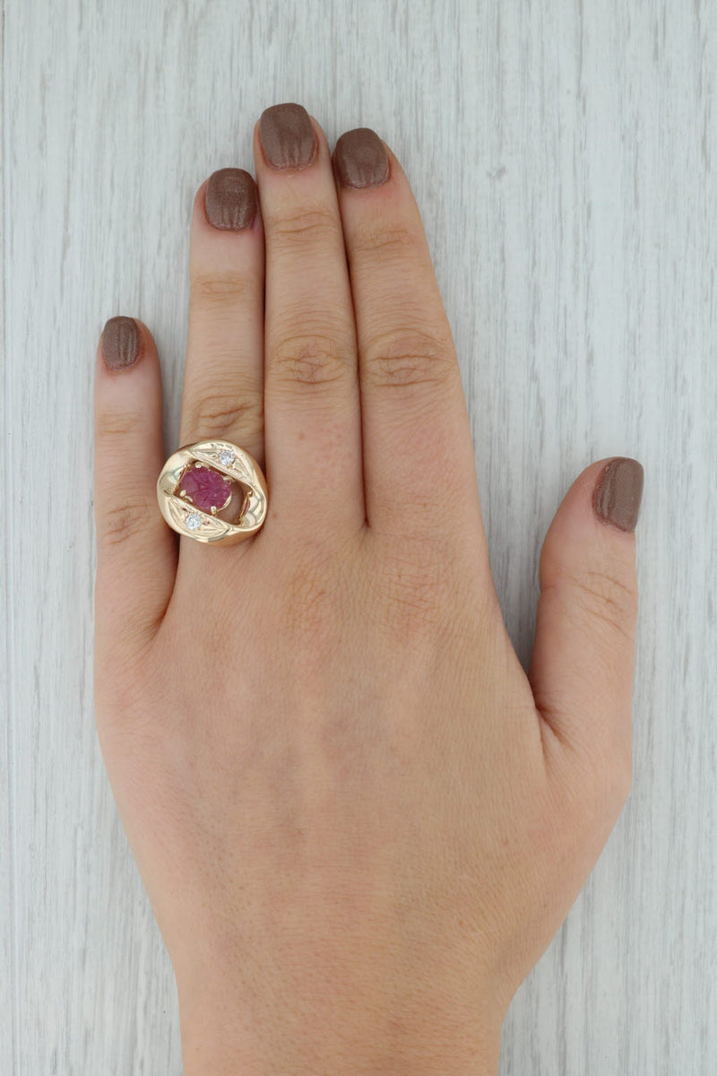 Scarab Ruby Cabochon Diamond Ring 14k Yellow Gold Size 7.25 Cocktail