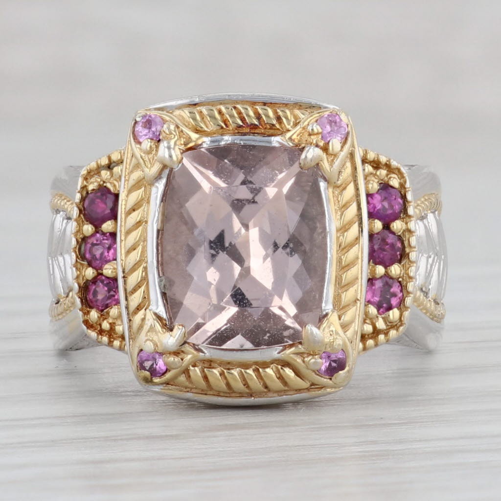 Gray 3.35ctw Morganite Garnet Sapphire Cocktail Ring Sterling Silver Gold Plate 8.25