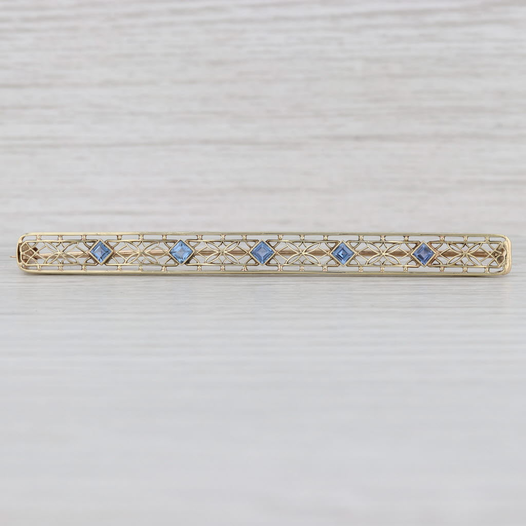 Light Gray Vintage Art Deco 0.70ctw Blue Sapphire Floral Filigree Bar Pin 14k Gold Brooch