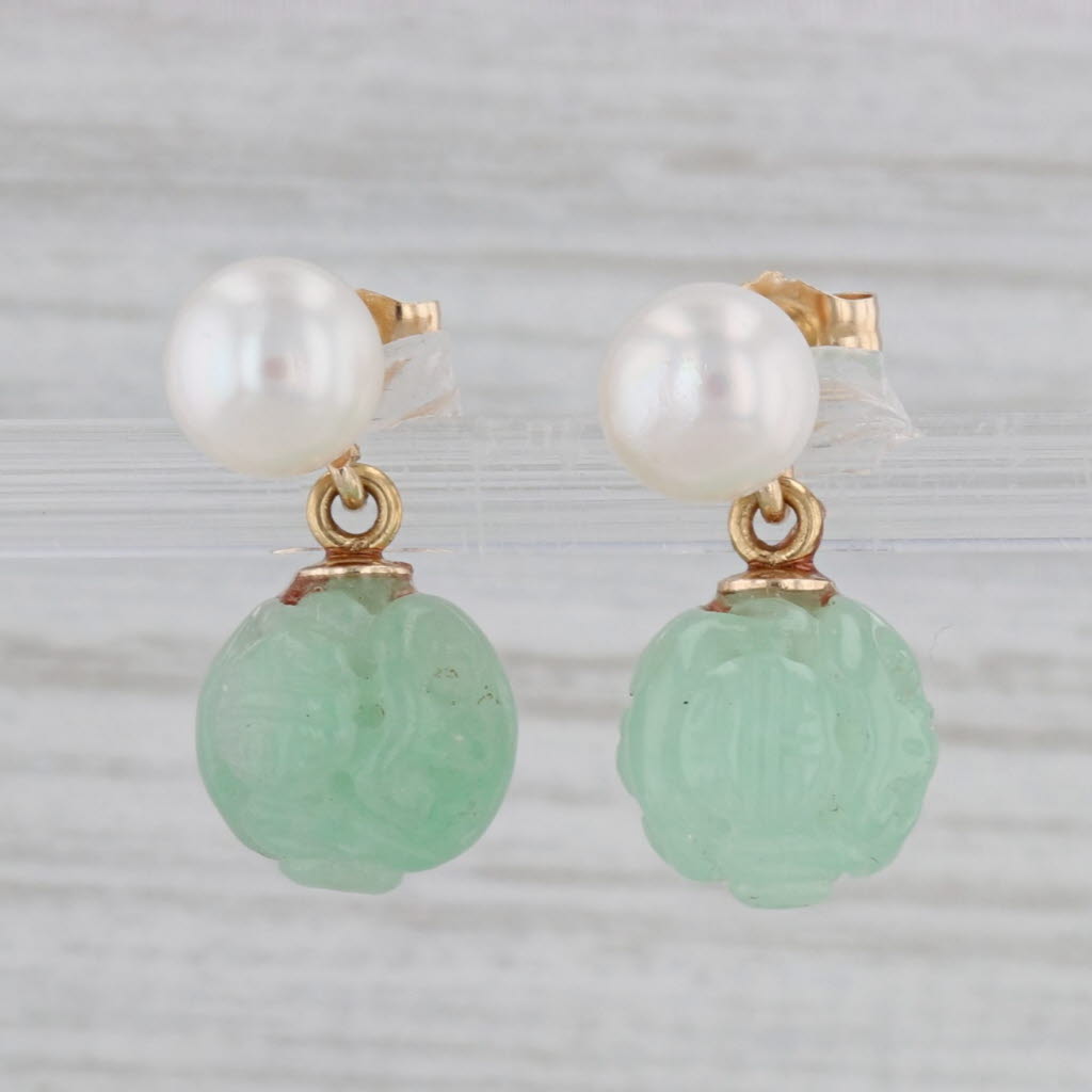 Gray Cultured Pearl Green Glass Carved Flower Bead Earrings 14k Yellow Gold