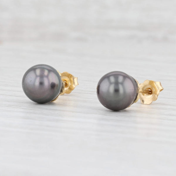 Light Gray Cultured Black Pearl Stud Earrings 18k Yellow Gold Saltwater Pearls Designer
