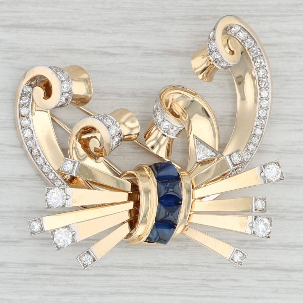 Light Gray Trabert Hoeffer Mouboussin Reflection Fur Clip Brooch Sapphire Diamond 14k Gold