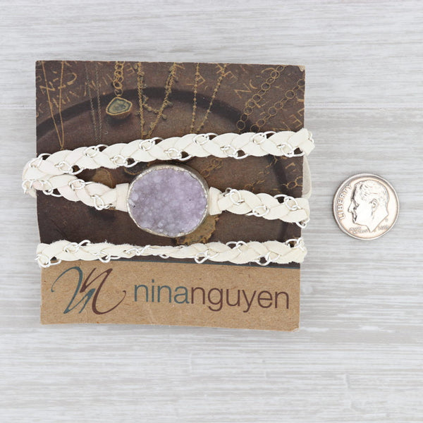 Light Gray New Nina Nguyen Cordelia Necklace Amethyst Druzy Woven White Leather Tags