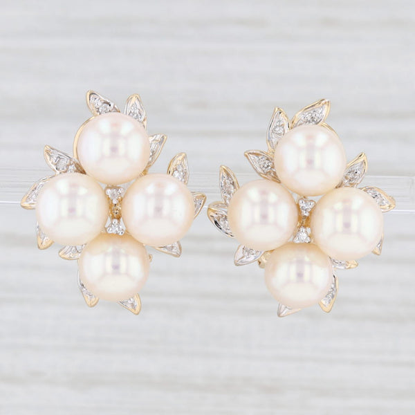 Light Gray Floral Cultured Pearl Cluster Diamond Earrings 14k Yellow Gold