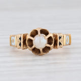 Light Gray Victorian Pearl Solitaire Ring 18k Yellow Gold Size 3.75 Antique Enamel Floral