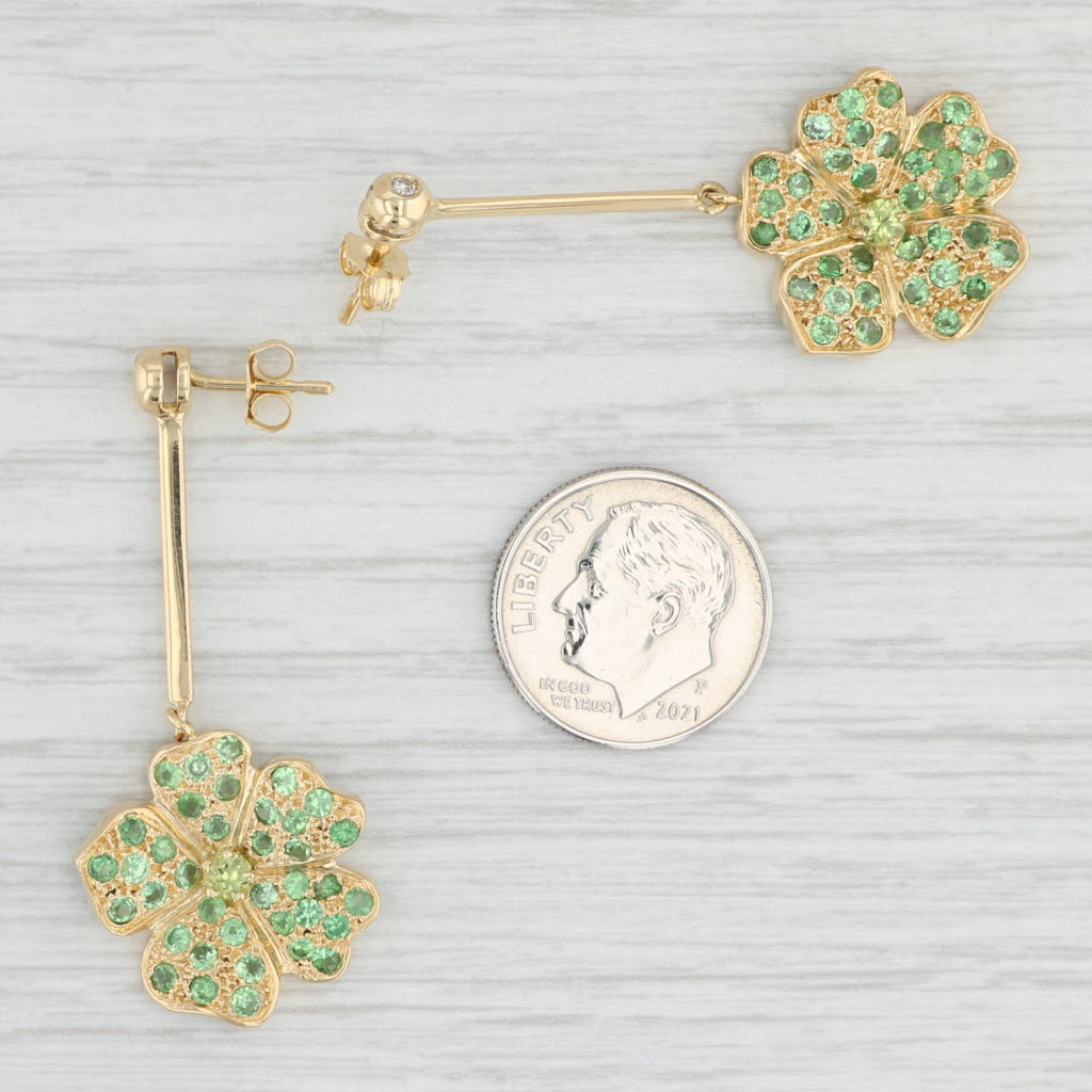 Light Gray 2.37ctw Tsavorite Peridot Diamond 4-Leaf-Clover Dangle Earrings 18k Yellow Gold