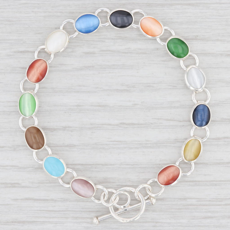 New Multi Color Glass Link Bracelet Sterling Silver 7” Chain Toggle Clasp