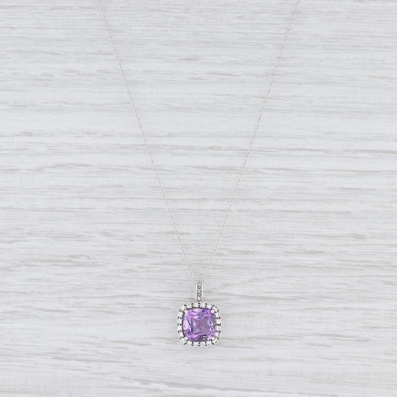 New Amethyst Synthetic White Sapphire Halo Pendant Necklace 10k White Gold 18"