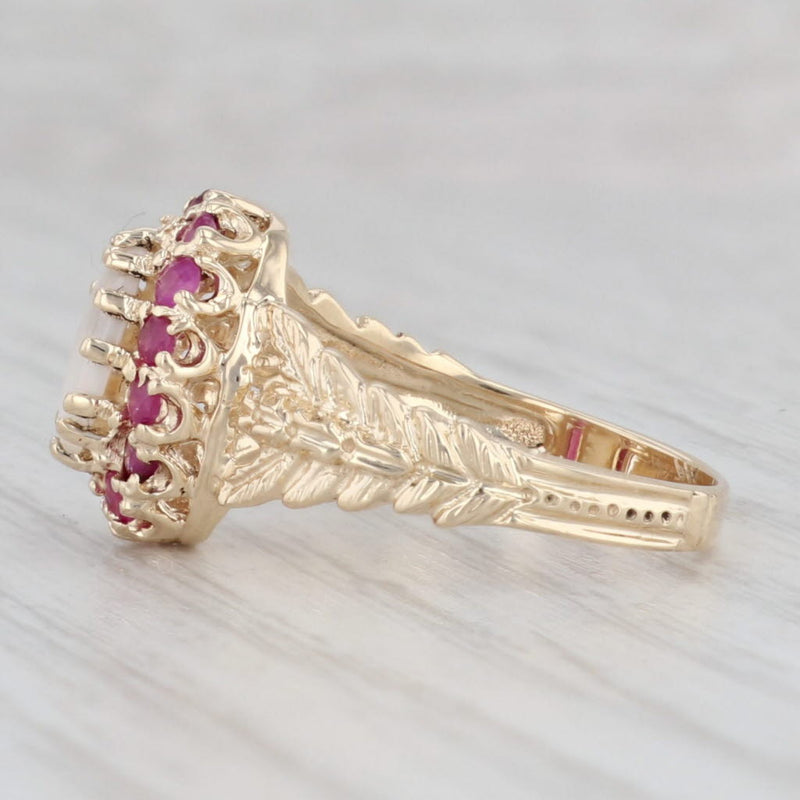Oval Opal 0.47ctw Ruby Halo Ring 10k Yellow Gold Size 7 Floral Leaf Band