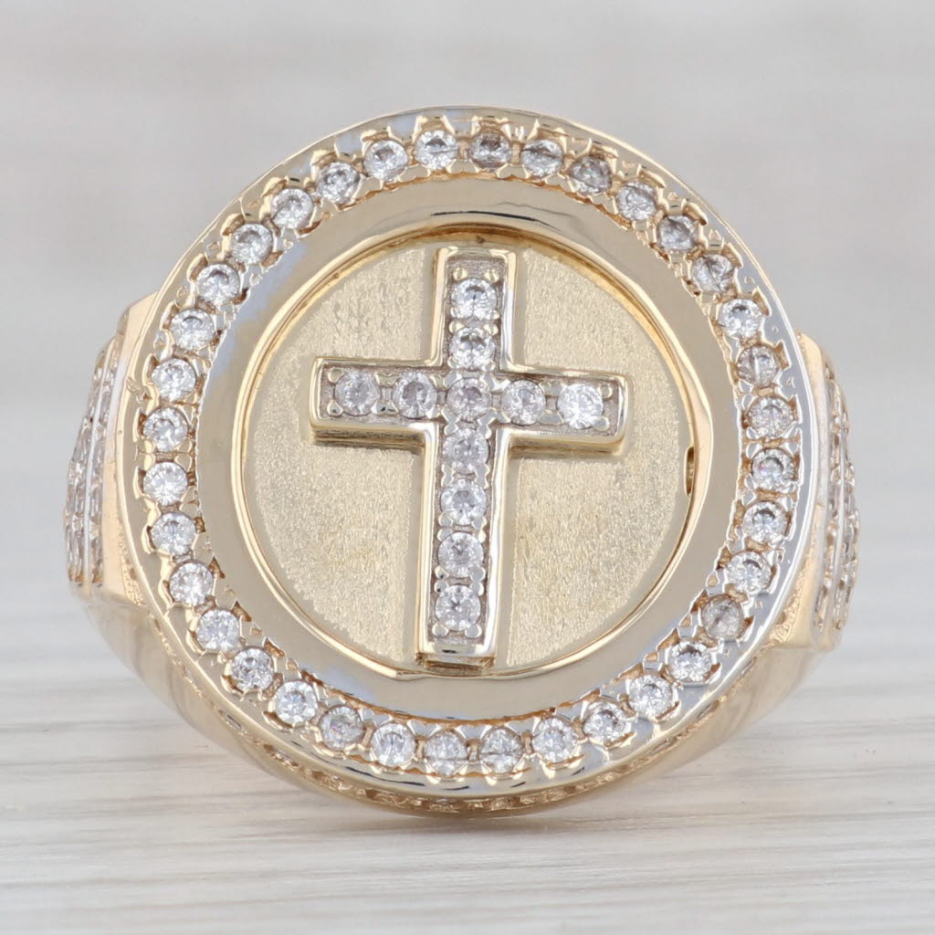 Gray 0.65ctw Cubic Zirconia Cross Signet Ring 10k Yellow Gold Size 11.25 Religious